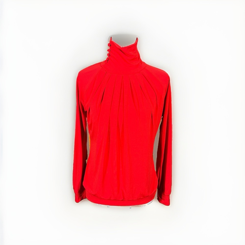 New York Company Top Pleated Mock Neck Long Sleeve XS Red Stretch Office Wear